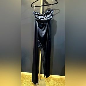 Strapless Navy Blue Gown high slit and side sash Medium